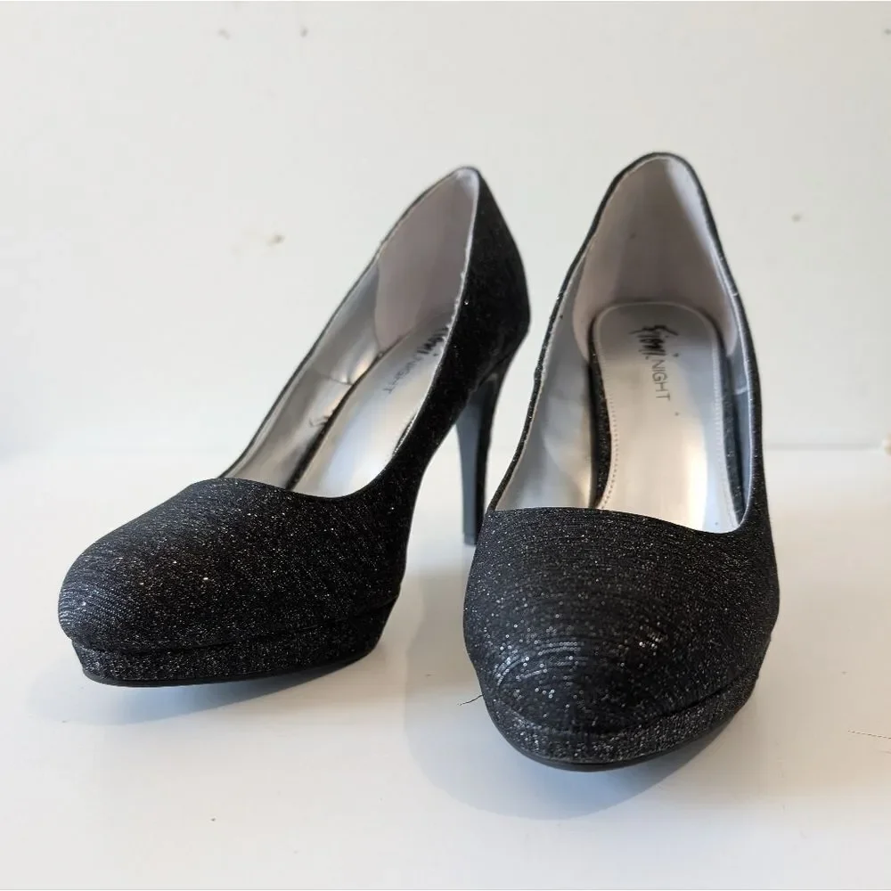 FIONI NIGHT Formal Glitter High Heels Almond Toe Dark Gray Silver Metallic 9